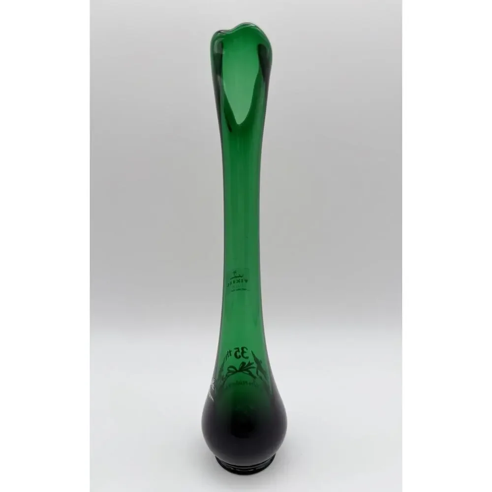Viking Emerald Green Swung Glass Bud Vase 10.5” 35th Anniversary with Label MCM